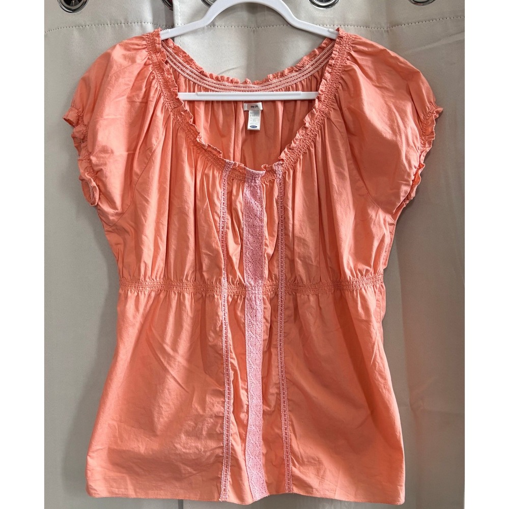 Vtg Old Navy Womens Coral Pink Smocked Peasant Size XL Top Cotton Babydoll 19735